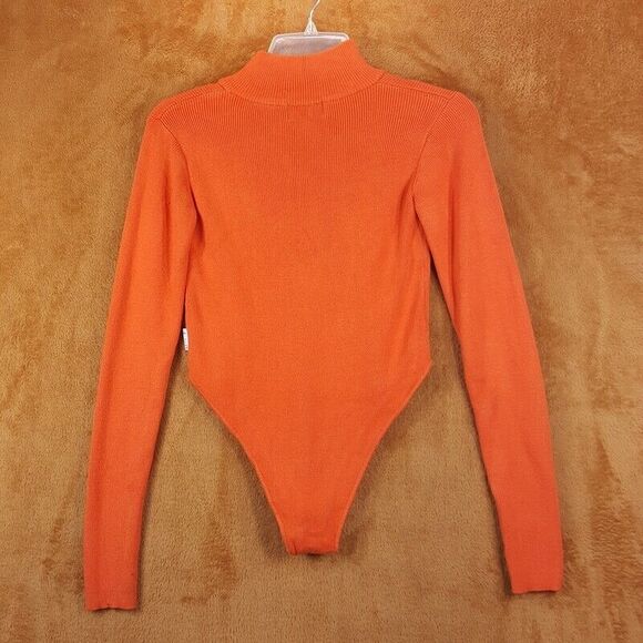 UNIF Top Womens Small Orange Ribbed Knit Bodysuit 1/4 Zip Mock Neck Stretch - Picture 3 of 7